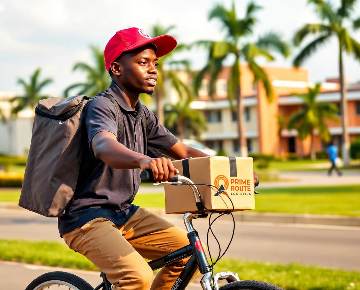 Prime Route rider delivering a package on a bicycle across RSU campus