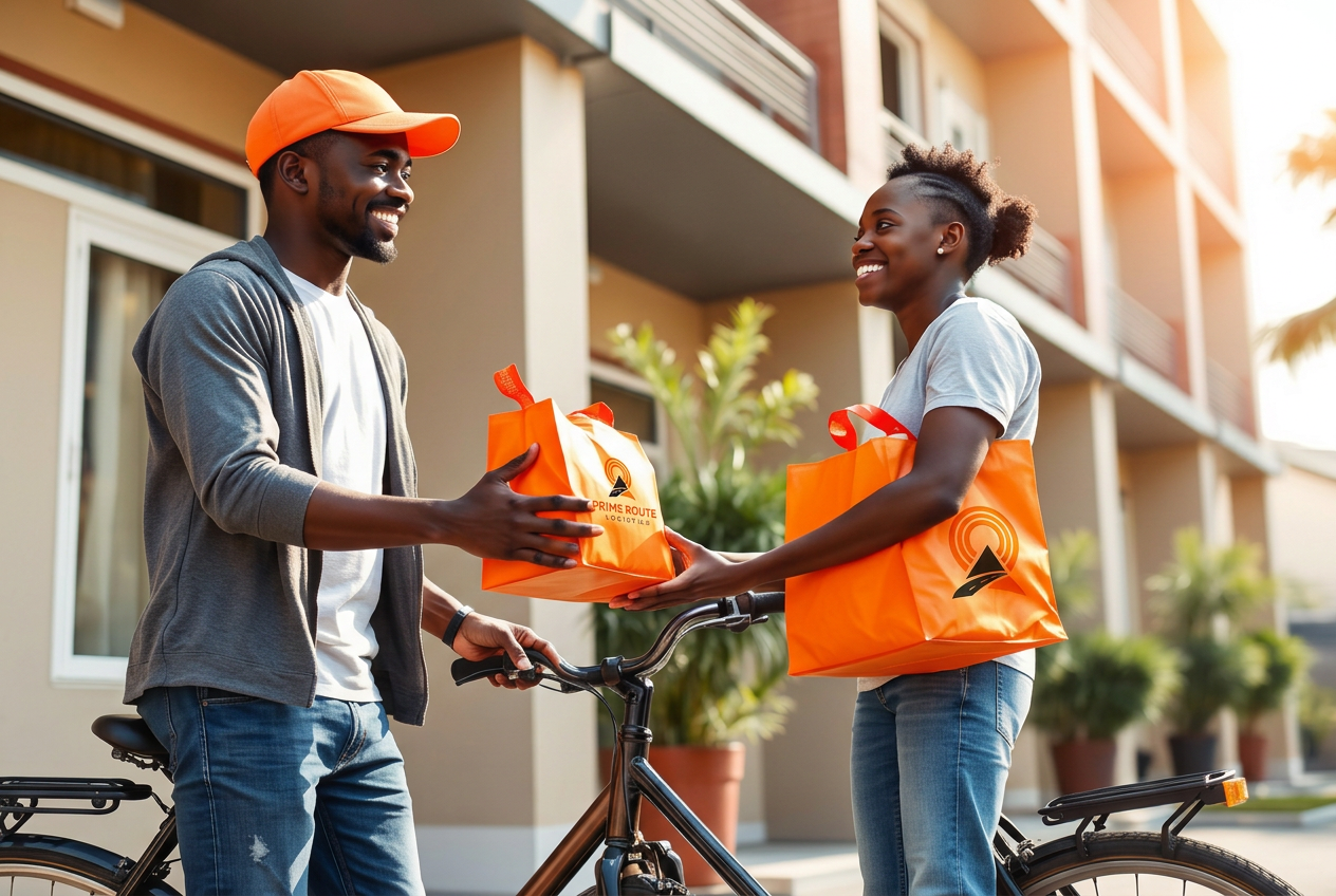 Prime Route rider handing a delivery bag to a smiling student outside a campus hostel