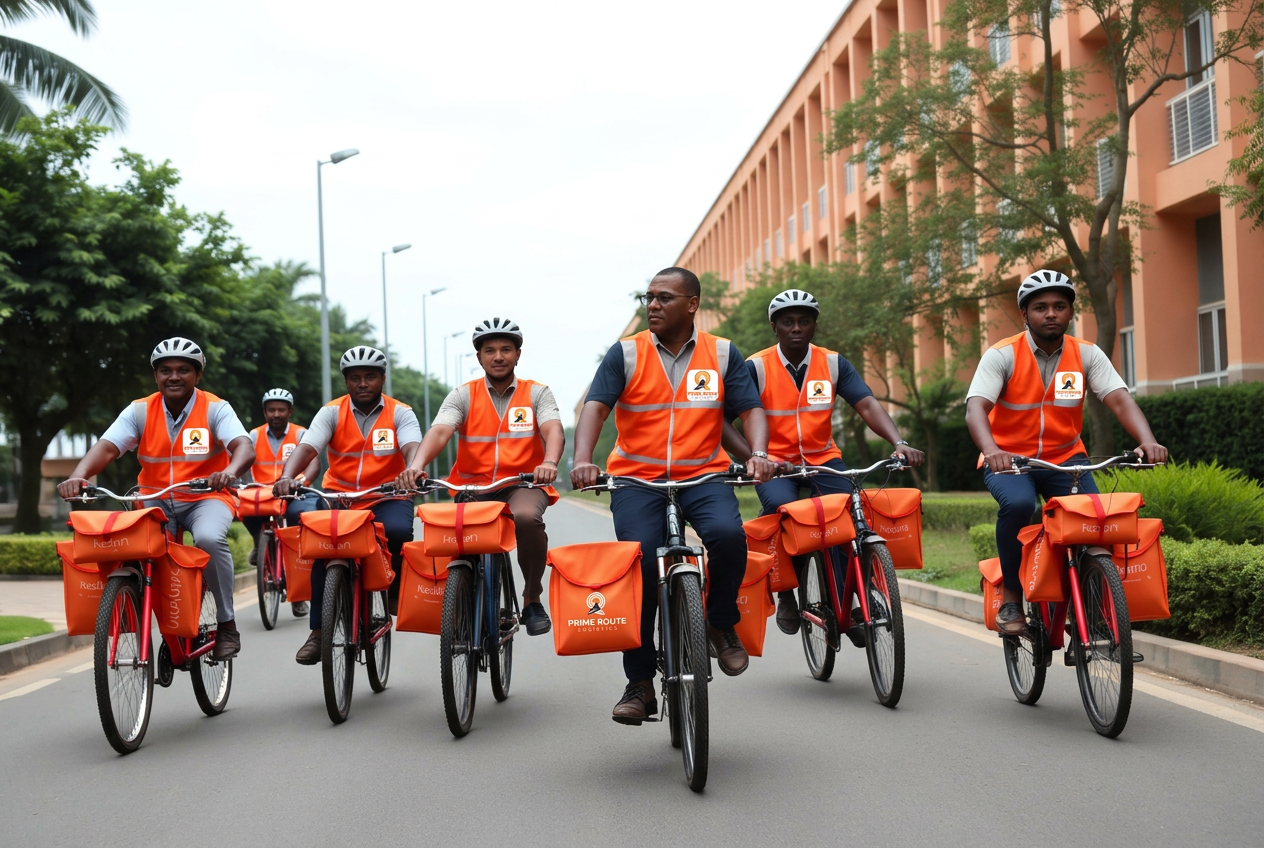 A team of Prime Route riders in orange vests on their bicycles across RSU campus