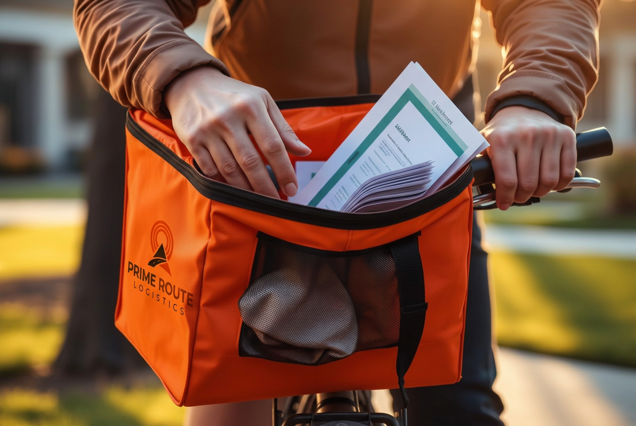 Prime Route rider packing documents and groceries into an orange insulated delivery bag